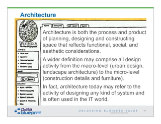 Copyright 2014 by Data Blueprint
19
Architecture
Architecture is both the process and product
of planning, designing and constructing
space that reflects functional, social, and
aesthetic considerations.
A wider definition may comprise all design
activity from the macro-level (urban design,
landscape architecture) to the micro-level
(construction details and furniture).
In fact, architecture today may refer to the
activity of designing any kind of system and
is often used in the IT world.
 