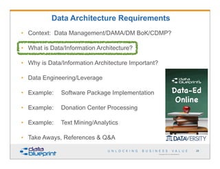 • Context: Data Management/DAMA/DM BoK/CDMP?
• What is Data/Information Architecture?
• Why is Data/Information Architecture Important?
• Data Engineering/Leverage
• Example: Software Package Implementation
• Example: Donation Center Processing
• Example: Text Mining/Analytics
• Take Aways, References & Q&A
Copyright 2013 by Data Blueprint
Data Architecture Requirements
28
 