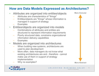 Copyright 2014 by Data Blueprint
45
How are Data Models Expressed as Architectures?
• Attributes are organized into entities/objects
– Attributes are characteristics of "things"
– Entitles/objects are "things" whose information is
managed in support of strategy
– Examples
• Entities/objects are organized into models
– Combinations of attributes and entities are
structured to represent information requirements
– Poorly structured data, constrains organizational
information delivery capabilities
– Examples
• Models are organized into architectures
– When building new systems, architectures are
used to plan development
– More often, data managers do not know what
existing architectures are and - therefore - cannot
make use of them in support of strategy
implementation
– Why no examples?
More Granular
More Abstract
 