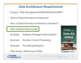 • Context: Data Management/DAMA/DM BoK/CDMP?
• What is Data/Information Architecture?
• Why is Data/Information Architecture Important?
• Data Engineering/Leverage
• Example: Software Package Implementation
• Example: Donation Center Processing
• Example: Text Mining/Analytics
• Take Aways, References & Q&A
Copyright 2013 by Data Blueprint
Data Architecture Requirements
51
 