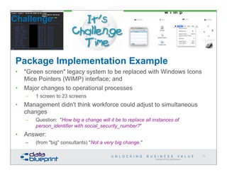 Copyright 2014 by Data Blueprint
71
Challenge
Package Implementation Example
• "Green screen" legacy system to be replaced with Windows Icons
Mice Pointers (WIMP) interface; and
• Major changes to operational processes
– 1 screen to 23 screens
• Management didn't think workforce could adjust to simultaneous
changes
– Question: "How big a change will it be to replace all instances of
person_identifier with social_security_number?"
• Answer:
– (from "big" consultants) "Not a very big change."
 