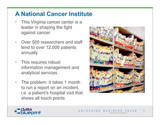 Copyright 2014 by Data Blueprint
78
A National Cancer Institute
• This Virginia cancer center is a
leader in shaping the fight
against cancer
• Over 500 researchers and staff
tend to over 12,000 patients
annually
• This requires robust
information management and
analytical services
• The problem: It takes 1 month
to run a report on an incident,
i.e. a patient’s hospital visit that
shows all touch points
 