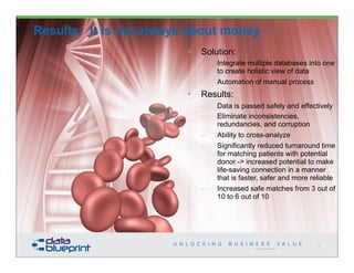 Copyright 2013 by Data Blueprint
Results: It is not always about money
• Solution:
– Integrate multiple databases into one
to create holistic view of data
– Automation of manual process
• Results:
– Data is passed safely and effectively
– Eliminate inconsistencies,
redundancies, and corruption
– Ability to cross-analyze
– Significantly reduced turnaround time
for matching patients with potential
donor -> increased potential to make
life-saving connection in a manner
that is faster, safer and more reliable
– Increased safe matches from 3 out of
10 to 6 out of 10
82
 