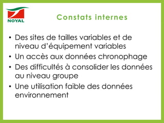 •  Des sites de tailles variables et de
niveau d’équipement variables
•  Un accès aux données chronophage
•  Des difficultés à consolider les données
au niveau groupe
•  Une utilisation faible des données
environnement
Constats internes
 