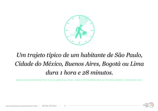 Um trajeto típico de um habitante de São Paulo,
Cidade do México, Buenos Aires, Bogotá ou Lima
dura 1 hora e 28 minutos.
(Megacidades & Infraestrutura da América Latina - Banco Interamericano de Desenvolvimento, Março de 2014)
RETAIL RETOLDwww.trendwatching.com/pt/trends/retail-retold 11
 