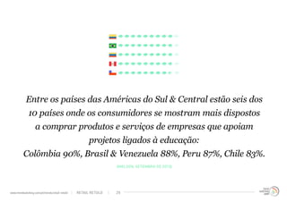 Entre os países das Américas do Sul & Central estão seis dos
10 países onde os consumidores se mostram mais dispostos
a comprar produtos e serviços de empresas que apoiam
projetos ligados à educação:
Colômbia 90%, Brasil & Venezuela 88%, Peru 87%, Chile 83%.
(Nielsen, Setembro de 2013)
RETAIL RETOLDwww.trendwatching.com/pt/trends/retail-retold 29
 