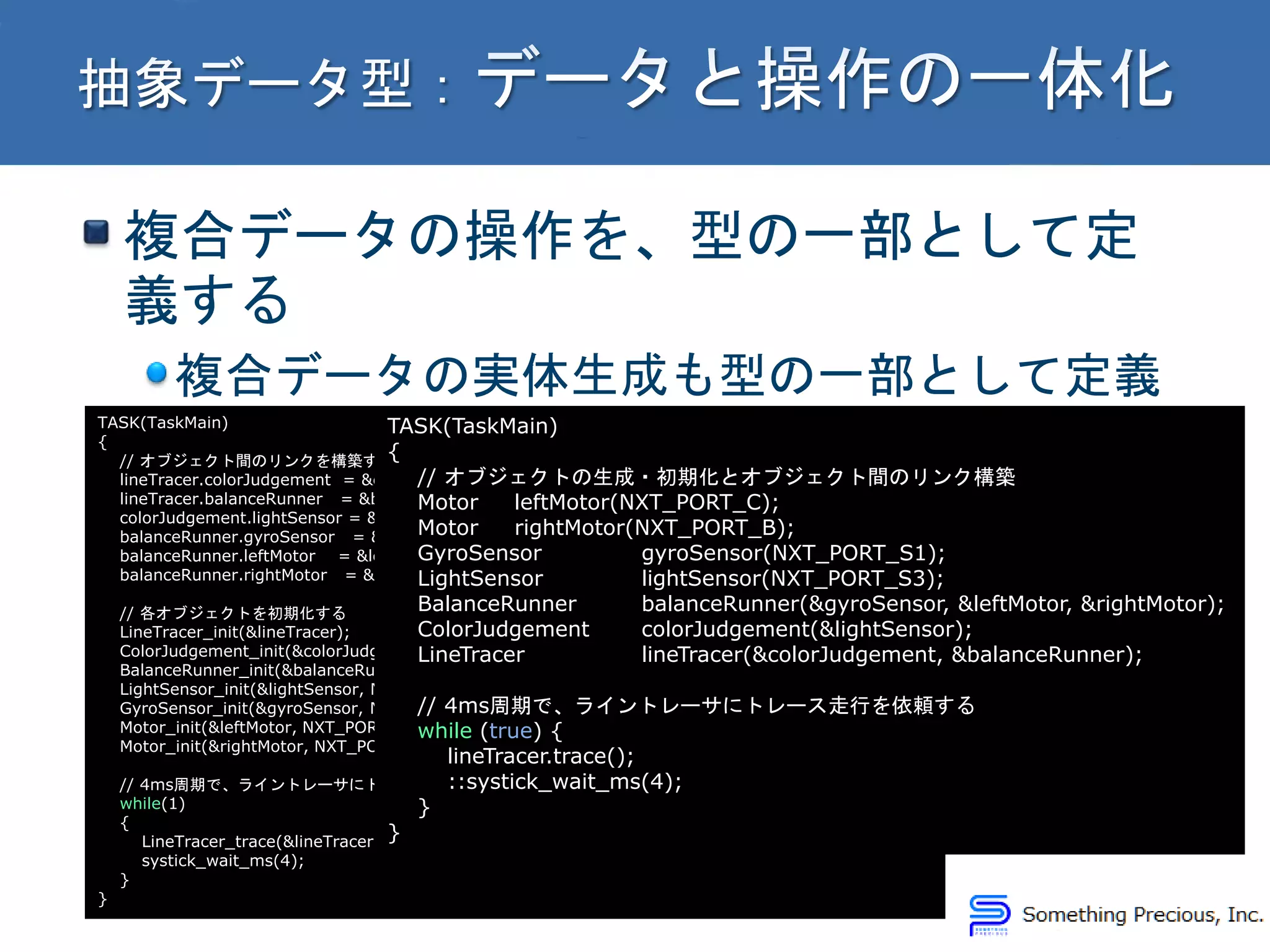 複合データの操作を、型の一部として定
義する
複合データの実体生成も型の一部として定義
TASK(TaskMain)
{
// オブジェクト間のリンクを構築する
lineTracer.colorJudgement = &colorJudgement;
lineTracer.balanceRunner = &balanceRunner;
colorJudgement.lightSensor = &lightSensor;
balanceRunner.gyroSensor = &gyroSensor;
balanceRunner.leftMotor = &leftMotor;
balanceRunner.rightMotor = &rightMotor;
// 各オブジェクトを初期化する
LineTracer_init(&lineTracer);
ColorJudgement_init(&colorJudgement);
BalanceRunner_init(&balanceRunner);
LightSensor_init(&lightSensor, NXT_PORT_S3);
GyroSensor_init(&gyroSensor, NXT_PORT_S1);
Motor_init(&leftMotor, NXT_PORT_C);
Motor_init(&rightMotor, NXT_PORT_B);
// 4ms周期で、ライントレーサにトレース走行を依頼する
while(1)
{
LineTracer_trace(&lineTracer);
systick_wait_ms(4);
}
}
TASK(TaskMain)
{
// オブジェクトの生成・初期化とオブジェクト間のリンク構築
Motor leftMotor(NXT_PORT_C);
Motor rightMotor(NXT_PORT_B);
GyroSensor gyroSensor(NXT_PORT_S1);
LightSensor lightSensor(NXT_PORT_S3);
BalanceRunner balanceRunner(&gyroSensor, &leftMotor, &rightMotor);
ColorJudgement colorJudgement(&lightSensor);
LineTracer lineTracer(&colorJudgement, &balanceRunner);
// 4ms周期で、ライントレーサにトレース走行を依頼する
while (true) {
lineTracer.trace();
::systick_wait_ms(4);
}
}
 