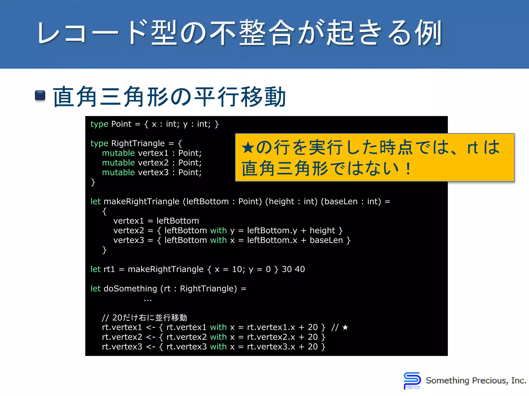直角三角形の平行移動
type Point = { x : int; y : int; }
type RightTriangle = {
mutable vertex1 : Point;
mutable vertex2 : Point;
mutable vertex3 : Point;
}
let makeRightTriangle (leftBottom : Point) (height : int) (baseLen : int) =
{
vertex1 = leftBottom
vertex2 = { leftBottom with y = leftBottom.y + height }
vertex3 = { leftBottom with x = leftBottom.x + baseLen }
}
let rt1 = makeRightTriangle { x = 10; y = 0 } 30 40
let doSomething (rt : RightTriangle) =
...
// 20だけ右に並行移動
rt.vertex1 <- { rt.vertex1 with x = rt.vertex1.x + 20 } // ★
rt.vertex2 <- { rt.vertex2 with x = rt.vertex2.x + 20 }
rt.vertex3 <- { rt.vertex3 with x = rt.vertex3.x + 20 }
★の行を実行した時点では、rt は
直角三角形ではない！
 
