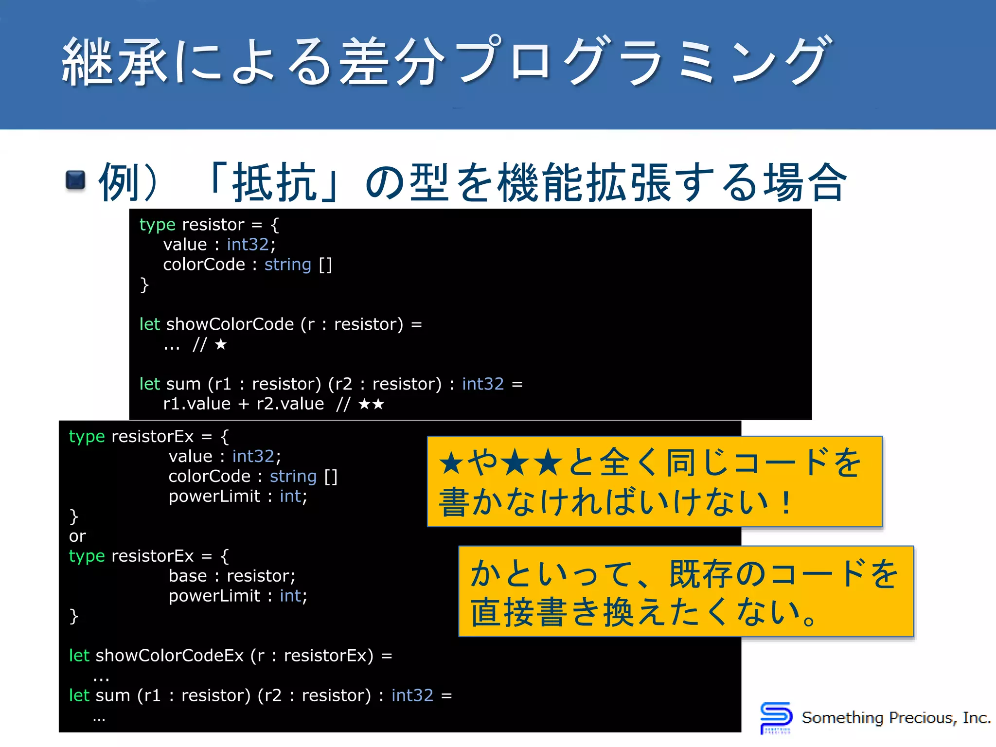 例）「抵抗」の型を機能拡張する場合
type resistor = {
value : int32;
colorCode : string []
}
let showColorCode (r : resistor) =
... // ★
let sum (r1 : resistor) (r2 : resistor) : int32 =
r1.value + r2.value // ★★
type resistorEx = {
value : int32;
colorCode : string []
powerLimit : int;
}
or
type resistorEx = {
base : resistor;
powerLimit : int;
}
let showColorCodeEx (r : resistorEx) =
...
let sum (r1 : resistor) (r2 : resistor) : int32 =
…
★や★★と全く同じコードを
書かなければいけない！
かといって、既存のコードを
直接書き換えたくない。
 