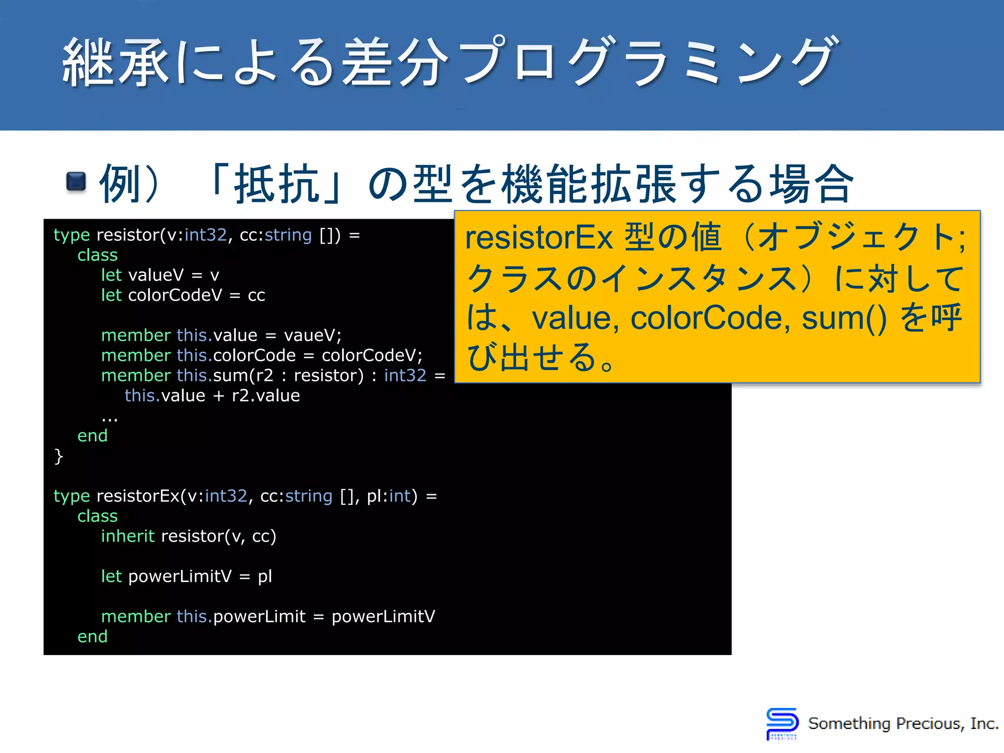 例）「抵抗」の型を機能拡張する場合
type resistor(v:int32, cc:string []) =
class
let valueV = v
let colorCodeV = cc
member this.value = vaueV;
member this.colorCode = colorCodeV;
member this.sum(r2 : resistor) : int32 =
this.value + r2.value
...
end
}
type resistorEx(v:int32, cc:string [], pl:int) =
class
inherit resistor(v, cc)
let powerLimitV = pl
member this.powerLimit = powerLimitV
end
resistorEx 型の値（オブジェクト;
クラスのインスタンス）に対して
は、value, colorCode, sum() を呼
び出せる。
 