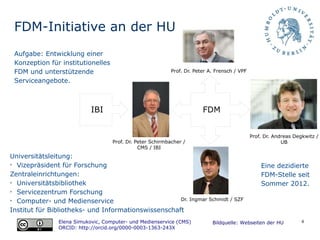 4
FDM-Initiative an der HU
Prof. Dr. Peter Schirmbacher /
CMS / IBI
Prof. Dr. Peter A. Frensch / VPF
Dr. Ingmar Schmidt / SZF
Prof. Dr. Andreas Degkwitz /
UB
Bildquelle: Webseiten der HUElena Simukovic, Computer- und Medienservice (CMS)
ORCID: http://orcid.org/0000-0003-1363-243X
FDMIBI
Universitätsleitung:
➢
Vizepräsident für Forschung
Zentraleinrichtungen:
➢
Universitätsbibliothek
➢
Servicezentrum Forschung
➢
Computer- und Medienservice
Institut für Bibliotheks- und Informationswissenschaft
Eine dezidierte
FDM-Stelle seit
Sommer 2012.
Aufgabe: Entwicklung einer
Konzeption für institutionelles
FDM und unterstützende
Serviceangebote.
 