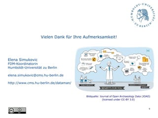 9
Vielen Dank für Ihre Aufmerksamkeit!
Elena Simukovic
FDM-Koordinatorin
Humboldt-Universität zu Berlin
elena.simukovic@cms.hu-berlin.de
http://www.cms.hu-berlin.de/dataman/
Bildquelle: Journal of Open Archaeology Data (JOAD)
(licensed under CC-BY 3.0)
 