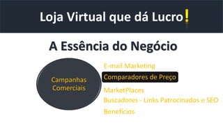 Loja Virtual que dá Lucro
A Essência do Negócio
Campanhas
Comerciais
E-mail Marketing
Comparadores de Preço
Buscadores - Links Patrocinados e SEO
Benefícios
MarketPlaces
 