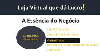 Loja Virtual que dá Lucro
A Essência do Negócio
Campanhas
Comerciais
E-mail Marketing
Comparadores de Preço
Buscadores - Links Patrocinados e SEO
Benefícios
MarketPlaces
 