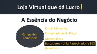 Loja Virtual que dá Lucro
A Essência do Negócio
Campanhas
Comerciais
E-mail Marketing
Comparadores de Preço
Buscadores - Links Patrocinados e SEO
Benefícios
MarketPlaces
 