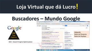 Loja Virtual que dá Lucro
Buscadores – Mundo Google
SEO – Search Engine Optimization
Adwords
Rede de Pesquisa
Rede de Displays
SEM
Pago
Orgânico
 