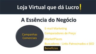 Loja Virtual que dá Lucro
A Essência do Negócio
Campanhas
Comerciais
Buscadores - Links Patrocinados e SEO
E-mail Marketing
Comparadores de Preço
Benefícios
MarketPlaces
 