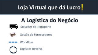 Loja Virtual que dá Lucro
A Logística do Negócio
Soluções de Transporte
Logística Reversa
Gestão de Fornecedores
Workflow
 