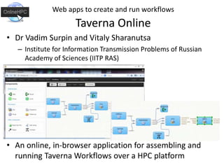Web apps to create and run workflows
Taverna Online
• Dr Vadim Surpin and Vitaly Sharanutsa
– Institute for Information Tr...