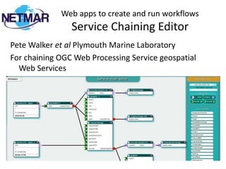 Web apps to create and run workflows
Service Chaining Editor
Pete Walker et al Plymouth Marine Laboratory
For chaining OGC...