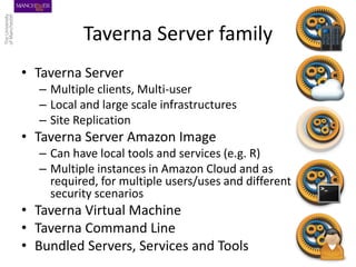 Taverna Server family
• Taverna Server
– Multiple clients, Multi-user
– Local and large scale infrastructures
– Site Repli...