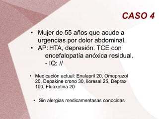 CASO 4
• Mujer de 55 años que acude a
urgencias por dolor abdominal.
• AP: HTA, depresión. TCE con
encefalopatía anóxica residual.
- IQ: //
• Sin alergias medicamentasas conocidas
• Medicación actual: Enalapril 20, Omeprazol
20, Depakine crono 30, lioresal 25, Deprax
100, Fluoxetina 20
 