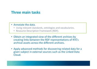 Three main tasks
• Annotate the data.
• Using relevant standards, ontologies and vocabularies.
• Resource Description Fram...