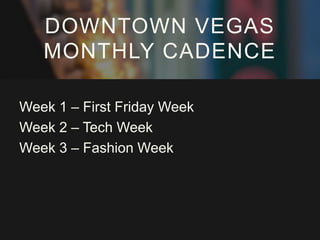Week 1 – First Friday Week
Week 2 – Tech Week
Week 3 – Fashion Week
DOWNTOWN VEGAS
MONTHLY CADENCE
 