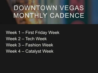Week 1 – First Friday Week
Week 2 – Tech Week
Week 3 – Fashion Week
Week 4 – Catalyst Week
DOWNTOWN VEGAS
MONTHLY CADENCE
 
