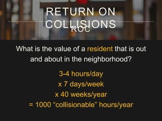 What is the value of a resident that is out
and about in the neighborhood?
3-4 hours/day
x 7 days/week
x 40 weeks/year
= 1000 “collisionable” hours/year
RETURN ON
COLLISIONSROC
 