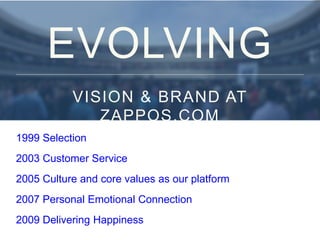 EVOLVING
VISION & BRAND AT
ZAPPOS.COM
1999 Selection
2003 Customer Service
2005 Culture and core values as our platform
2007 Personal Emotional Connection
2009 Delivering Happiness
 