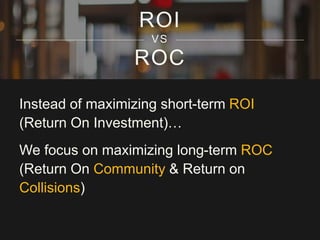 ROC
ROI
VS
Instead of maximizing short-term ROI
(Return On Investment)…
We focus on maximizing long-term ROC
(Return On Community & Return on
Collisions)
 