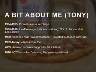 A BIT ABOUT ME (TONY)
1994-1995: Pizza business in college
1996-1998: LinkExchange (online advertising) Sold to Microsoft for
$265 million
1999: Venture Frogs (investment fund) - Invested in Zappos.com, Inc.
1999-Today: Zappos.com, Inc.
2009: Amazon acquires Zappos for $1.2 billion
2010: NYT bestseller Delivering Happiness published
 