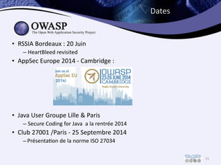 Dates
• RSSIA	
  Bordeaux	
  :	
  20	
  Juin	
  
– HeartBleed	
  revisited	
  	
  
• AppSec	
  Europe	
  2014	
  -­‐	
  Ca...