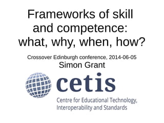 Frameworks of skill
and competence:
what, why, when, how?
Crossover Edinburgh conference, 2014-06-05
Simon Grant
 