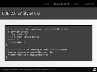 Copyright (c) 2009-2014 by Data Geekery GmbH. Slides licensed under CC BY SA 3.0
Intro SQL and Java jOOQ Examples
EJB 2.0 EntityBeans
public interface CustomerRequest extends EJBObject {
BigInteger getId();
String getText();
void setText(String text);
@Override
void remove();
}
public interface CustomerRequestHome extends EJBHome {
CustomerRequest create(BigInteger id);
CustomerRequest find(BigInteger id);
}
 
