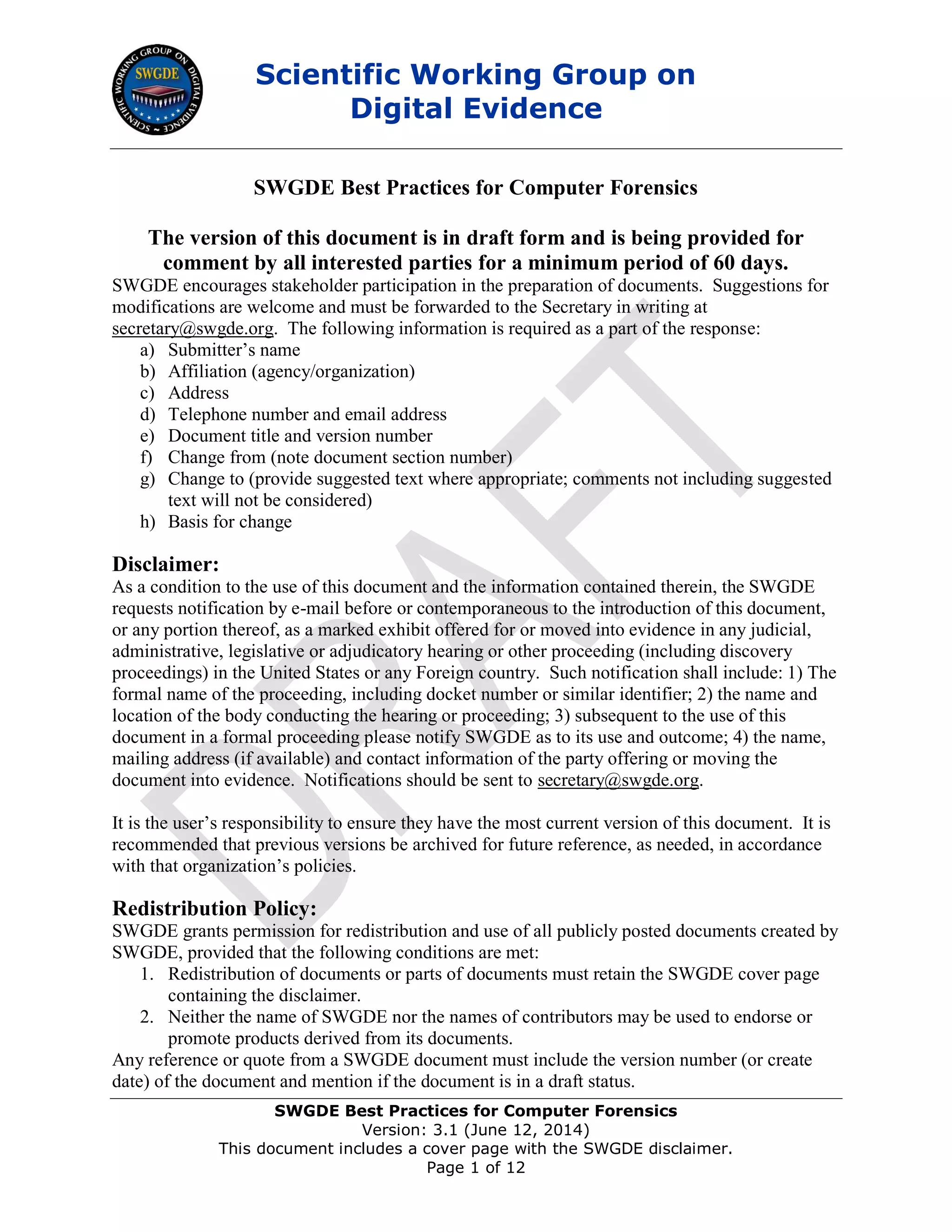 SWGDE Best Practices for Computer Forensics | PDF