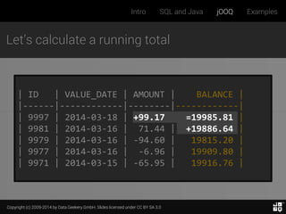 Copyright (c) 2009-2014 by Data Geekery GmbH. Slides licensed under CC BY SA 3.0
Intro SQL and Java jOOQ Examples
Let’s calculate a running total
| ID | VALUE_DATE | AMOUNT | BALANCE |
|------|------------|--------|------------|
| 9997 | 2014-03-18 | +99.17 =19985.81 |
| 9981 | 2014-03-16 | 71.44 | +19886.64 |
| 9979 | 2014-03-16 | -94.60 | 19815.20 |
| 9977 | 2014-03-16 | -6.96 | 19909.80 |
| 9971 | 2014-03-15 | -65.95 | 19916.76 |
 