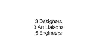 3 Designers
3 Art Liaisons
5 Engineers
 