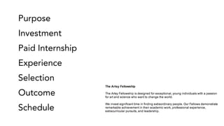 Purpose
Investment
Paid Internship
Experience
Selection
Outcome
Schedule
 