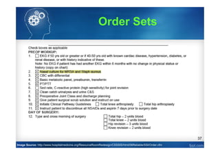 37
Order Sets
Image Source: http://www.hospitalmedicine.org/ResourceRoomRedesign/CSSSIS/html/06Reliable/SSI/Order.cfm
 