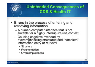 60
• Errors in the process of entering and
retrieving information
– A human-computer interface that is not
suitable for a highly interruptive use context
– Causing cognitive overload by
overemphasizing structured and “complete”
information entry or retrieval
• Structure
• Fragmentation
• Overcompleteness
Ash et al. (2004)
Unintended Consequences of
CDS & Health IT
 