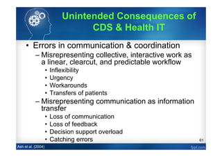 61
• Errors in communication & coordination
– Misrepresenting collective, interactive work as
a linear, clearcut, and predictable workflow
• Inflexibility
• Urgency
• Workarounds
• Transfers of patients
– Misrepresenting communication as information
transfer
• Loss of communication
• Loss of feedback
• Decision support overload
• Catching errors
Ash et al. (2004)
Unintended Consequences of
CDS & Health IT
 