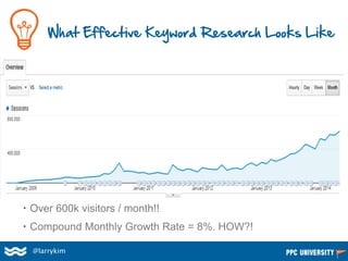  Over 600k visitors / month!!
 Compound Monthly Growth Rate = 8%. HOW?!
What Effective Keyword Research Looks Like
@larr...