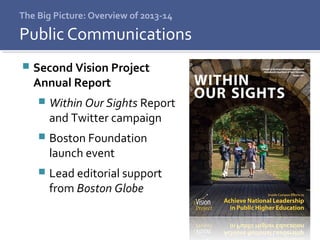  Second Vision Project
Annual Report
 Within Our Sights Report
and Twitter campaign
 Boston Foundation
launch event
 Lead editorial support
from Boston Globe
The Big Picture: Overview of 2013-14
Public Communications
 