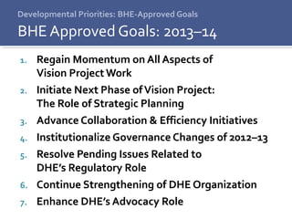 Developmental Priorities: BHE-Approved Goals
1. Regain Momentum on All Aspects of
Vision ProjectWork
2. Initiate Next Phase ofVision Project:
The Role of Strategic Planning
3. Advance Collaboration & Efficiency Initiatives
4. Institutionalize Governance Changes of 2012–13
5. Resolve Pending Issues Related to
DHE’s Regulatory Role
6. Continue Strengthening of DHE Organization
7. Enhance DHE’s Advocacy Role
BHE Approved Goals: 2013–14
 