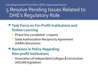 Developmental Priorities: BHE-Approved Goals
5.Resolve Pending Issues Related to
DHE’s Regulatory Role
 Task Force on For-Profit Institutions and
Online Learning
 Phase One completed: 2 reports
 State Authorization Reciprocity Agreement
(SARA) discussions
 Revisions in Policy Regarding
Non-profit Institutions
 Association of Independent Colleges & Universities
(AICUM) legislation
 