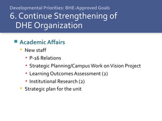 Developmental Priorities: BHE-Approved Goals
6. Continue Strengthening of
DHE Organization
 Academic Affairs
 New staff
▪ P-16 Relations
▪ Strategic Planning/CampusWork onVision Project
▪ Learning Outcomes Assessment (2)
▪ Institutional Research (2)
 Strategic plan for the unit
 