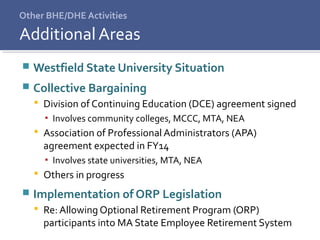 Other BHE/DHE Activities
 Westfield State University Situation
 Collective Bargaining
 Division of Continuing Education (DCE) agreement signed
▪ Involves community colleges, MCCC, MTA, NEA
 Association of Professional Administrators (APA) 
agreement expected in FY14 
▪ Involves state universities, MTA, NEA
 Others in progress
 Implementation of ORP Legislation
 Re: Allowing Optional Retirement Program (ORP) 
participants into MA State Employee Retirement System
Additional Areas
 