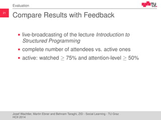 21
Evaluation
Compare Results with Feedback
live-broadcasting of the lecture Introduction to
Structured Programming
comple...
